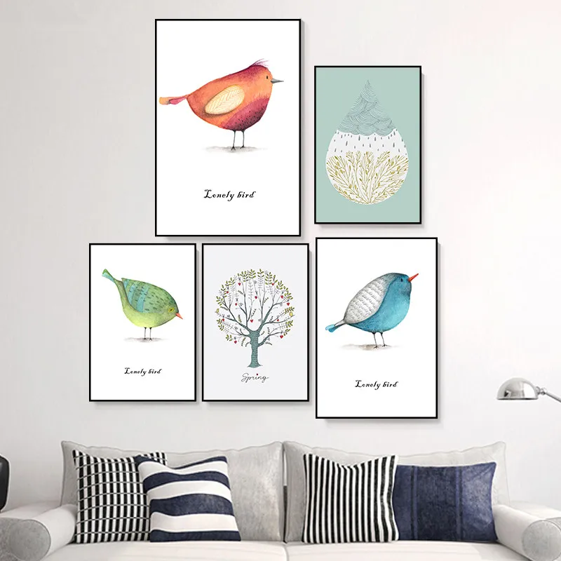 Cartoon-Animals-Show-Birds-And-Their-Family-Art-Poster-Nordic-Canvas-Drawing-Wall-Kindergarten-Bedroom-Home