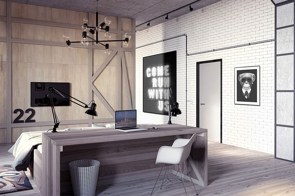 Два черно-белых постера в кабинете в стиле лофт с кирпичной стеной