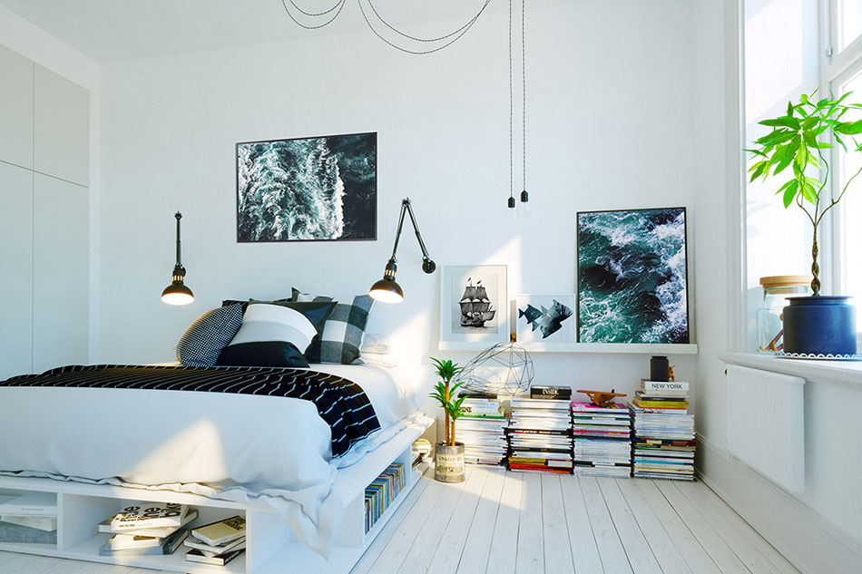 Морские постеры в спальне в скандинавском стиле у кровати