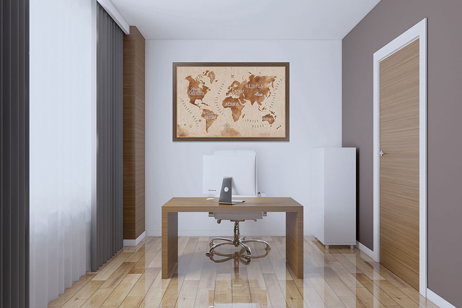 Акварельная карта мира в ретро стиле над столом в кабинете в стиле лофт