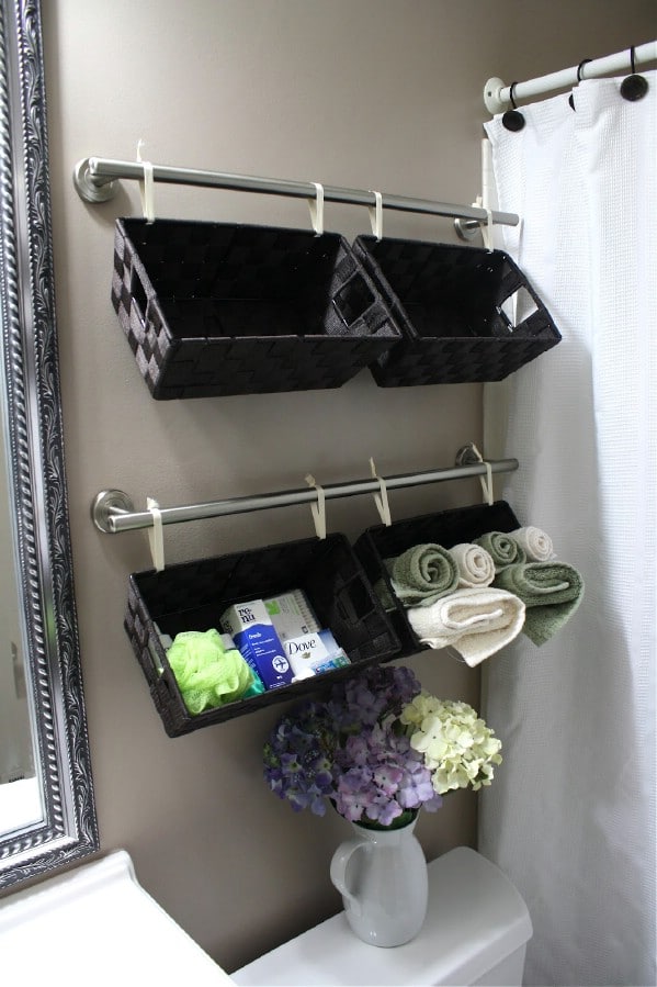 A Tisket. A Tasket. A Wall Full of Baskets - 30 Brilliant Bathroom Organization and Storage DIY Solutions