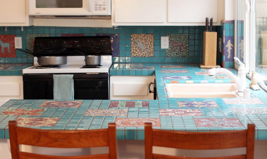 Turquoise mosaic kitchen countertop tiles