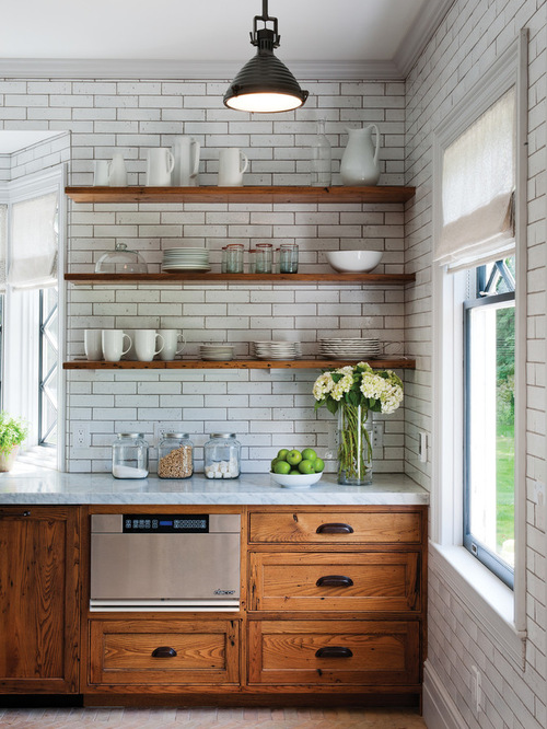 country feel with wood shelves and subway tiles