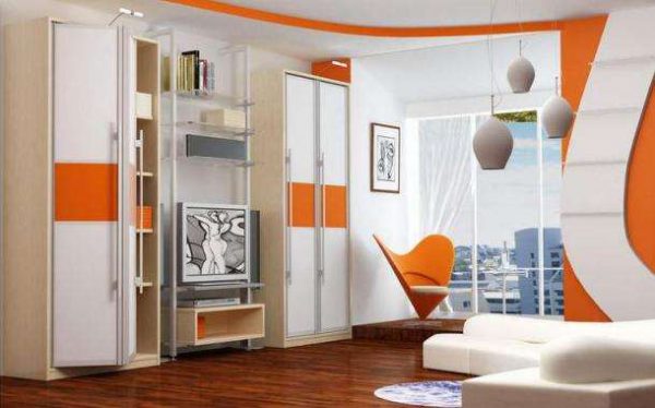 оранжево белая стенка под телевизор для гостиной