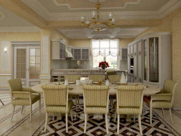Интерьер кухни гостиной в частном доме с выходом на веранду в классическом стиле