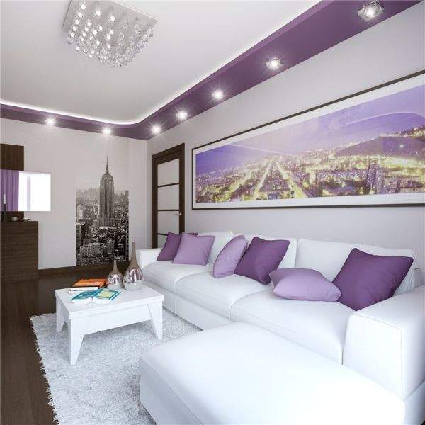 Современный дизайн зала в квартире в белом и фиолетовом цвете