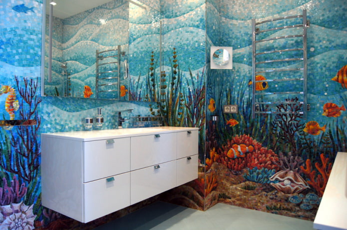 мозаика с рисунком в интерьере ванной