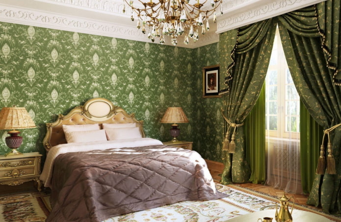 зеленая спальная комната в классическом стиле