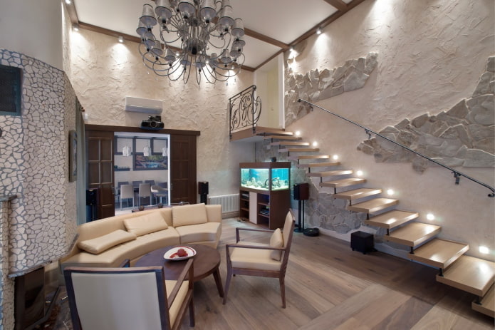 дизайн лестницы в интерьере двухъярусной квартиры
