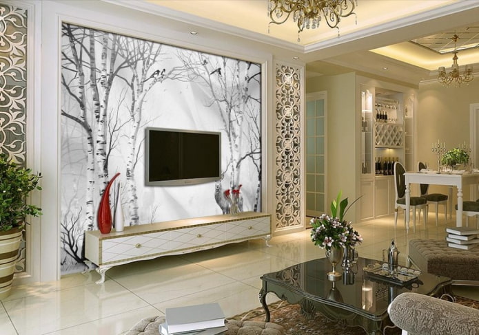 стена за телевизором декорированная фотообоями