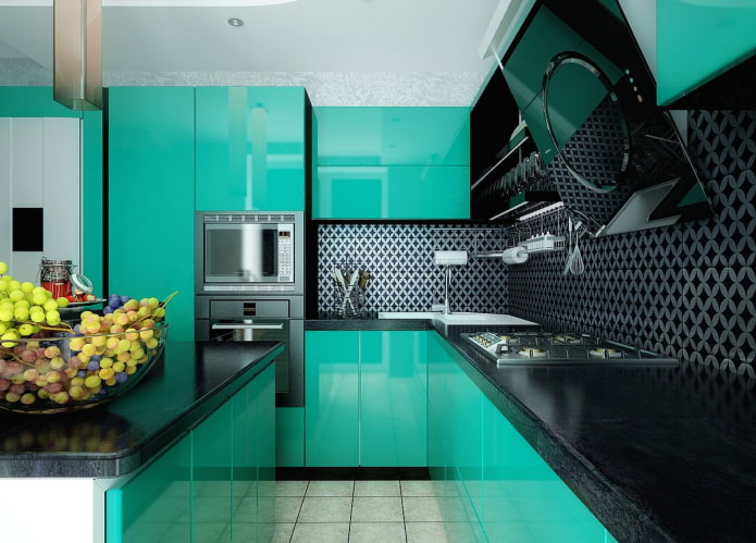 кухня бирюзового цвета в стиле хай-тек