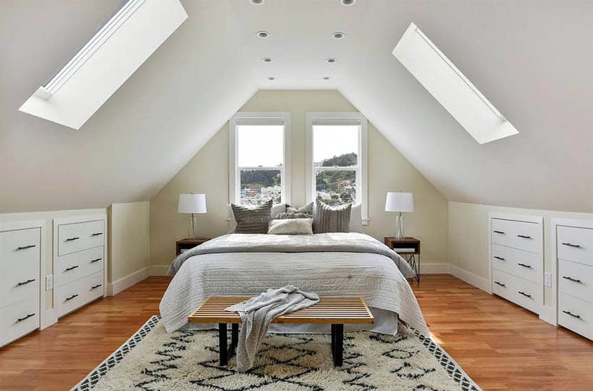 Contemporary attic bedroom with skylights