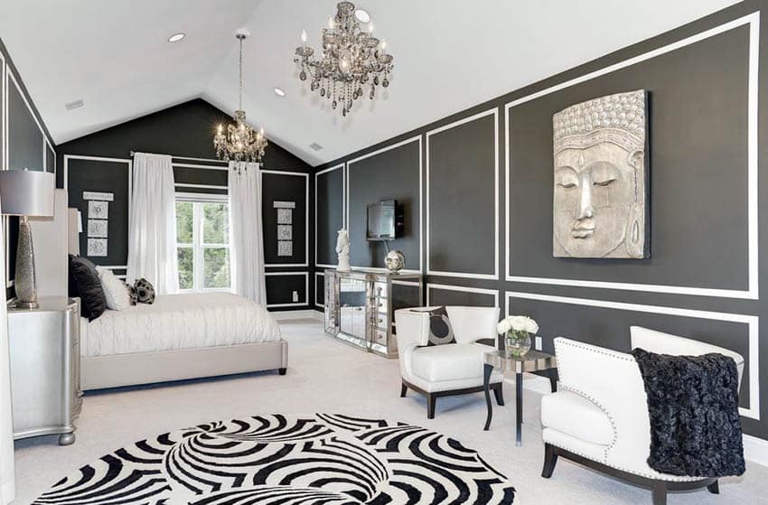 Attic master bedroom with black painted walls silver furniture and platform bed