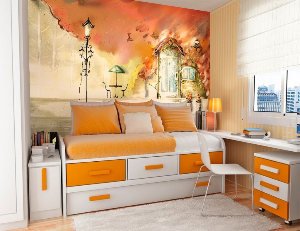 Оранжевый цвет в интерьере девчоночкой комнаты