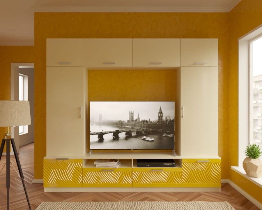 Желто-белая стенка в гостиной комнате