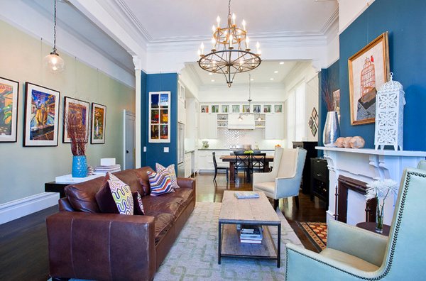 brown blue living rooms
