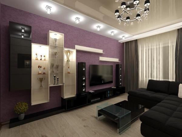 Прекрасный вариант для современной гостиной - это стиль хай-тек, в котором сиреневый сочетается с темными цветами
