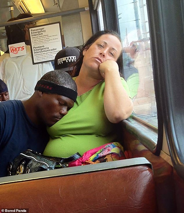 Another woman found herself in an awkward situation after her fellow train passenger began using  her chest as a pillow