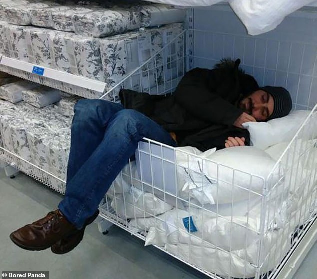 One man who was shopping for bedding found himself testing the goods before he bought them and dozed on some pillows