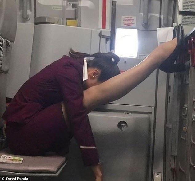 A flight attendant adopts brace position as she sleeps and surprises those walking past