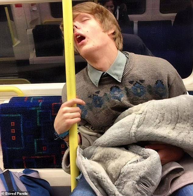 One passenger on the London underground slept blissfully unaware that he was showing his fellow travellers everything up his nose