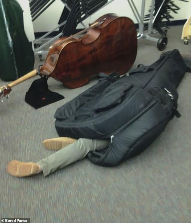 Another person took their instrument out of its case in favour of sleeping inside the large bag