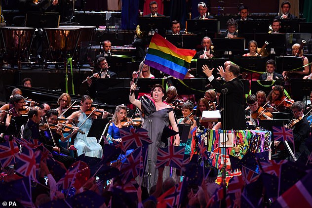 Jamie Barton waving the the rainbow flag at the Last Night of the Proms at the Royal Albert Hall, London last year, while singing Rule Britannia