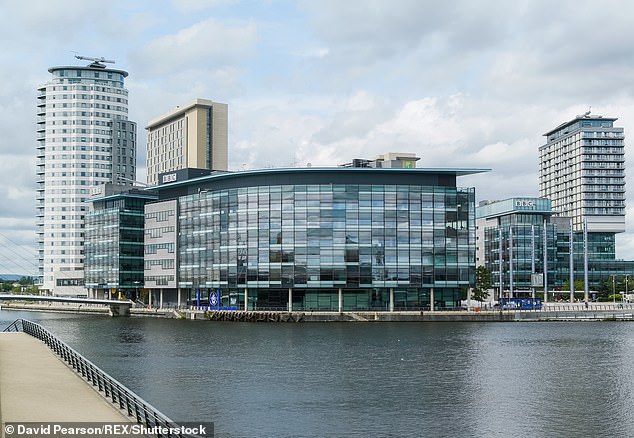 He added that 70 per cent of BBC staff could be placed outside of London. Pictured: The BBC studios at Salford Quays, Manchester