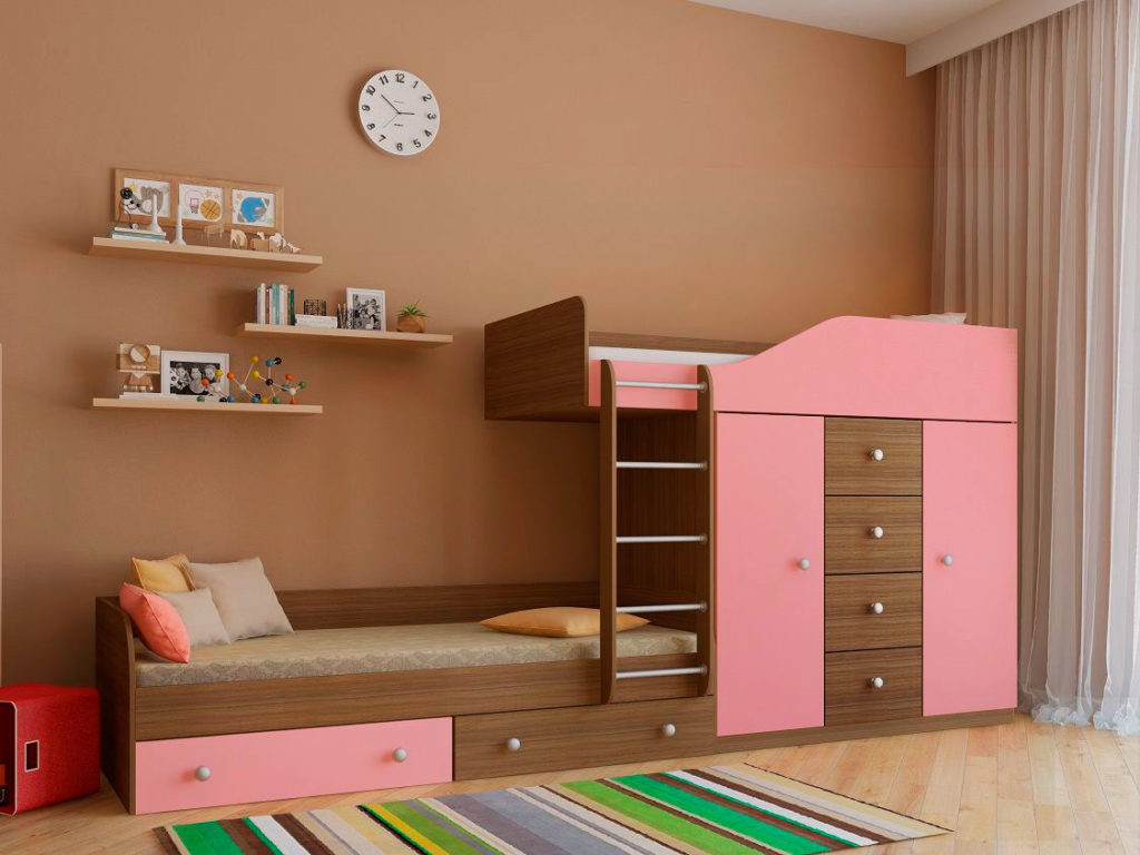 Розовая двухэтажная детская кровать для девочек со шкафом и выдвижными ящиками