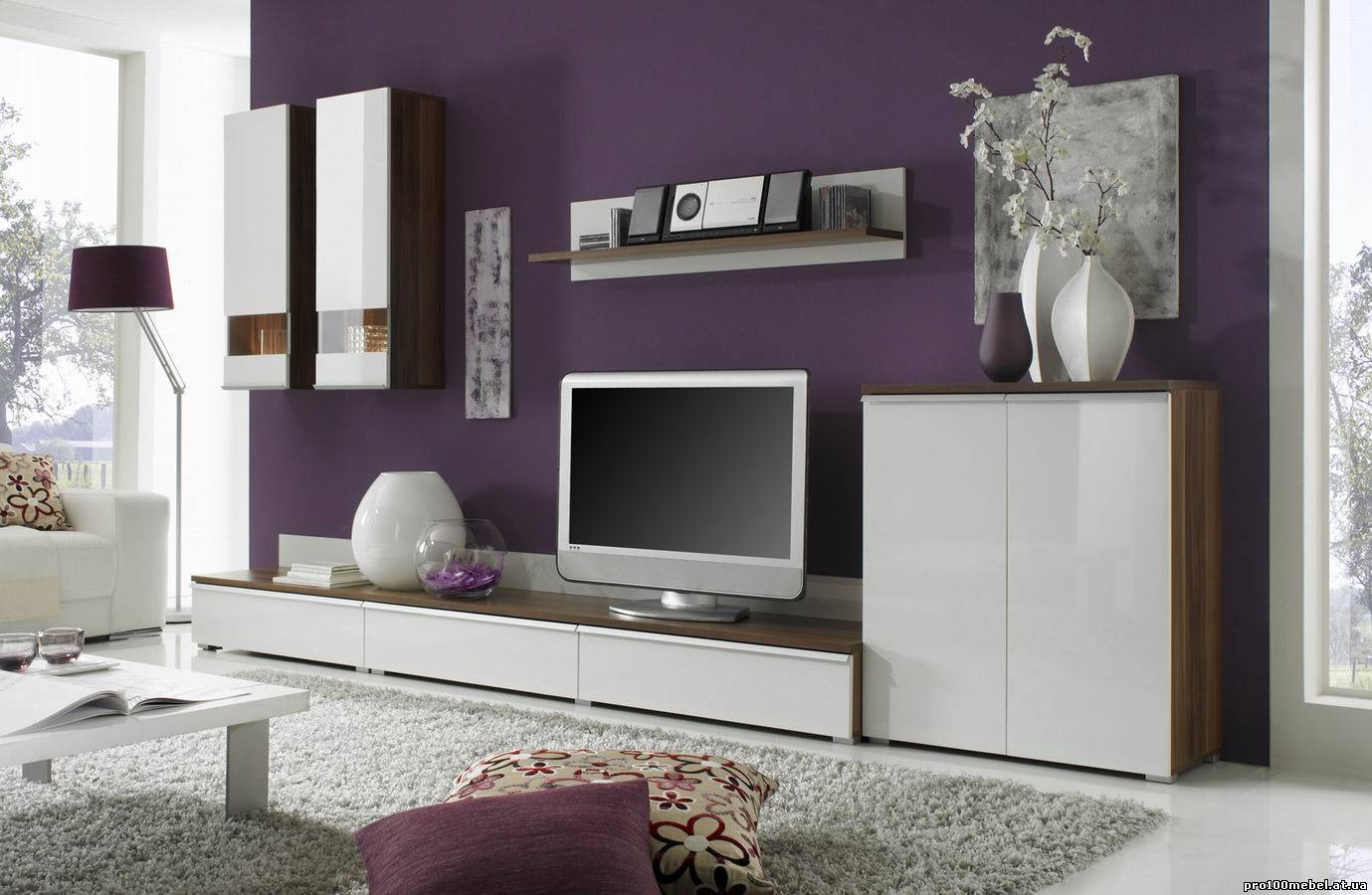 Белая современная мебель для гостиной с глянцевой поверхностью