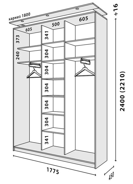 Схема размеров шкафа купе