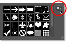 Clicking the menu icon for the Custom Shape Picker in Photoshop.