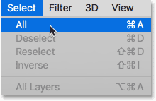 Choosing the Select All command in Photoshop.