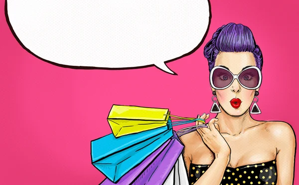 Pop Art girl with shopping bags. Comic woman. Sexy girl. Gift, amazed, wow, cute, lips, face, wow, makeup, wonder, temptation, luxury, birthday, vintage, voucher, love, boutique, cheeks, bubble Royalty Free Stock Images