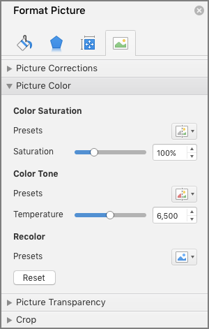 Adjust the color saturation settings in the Format Picture pane