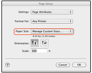  Paper Size with Manage Custom Sizes selected