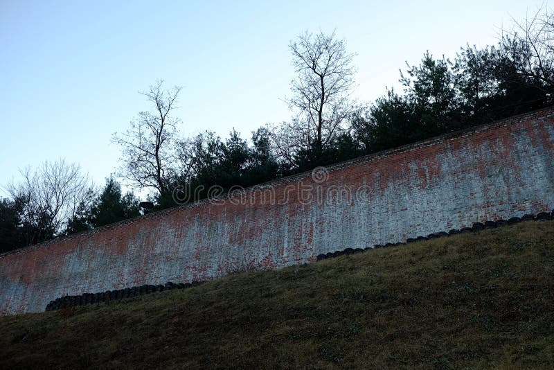 Ancient Brick Wall of Seodaemun prison history hall in winter. It is a famous landmark of Seoul that opened on October 21, 1908 royalty free stock photography