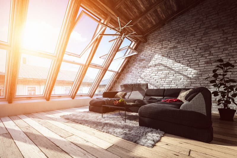 Attic living room interior with warm light. Attic living room interior with cozy corner couch, furry carpet and warm sunlight coming from wide panoramic windows vector illustration