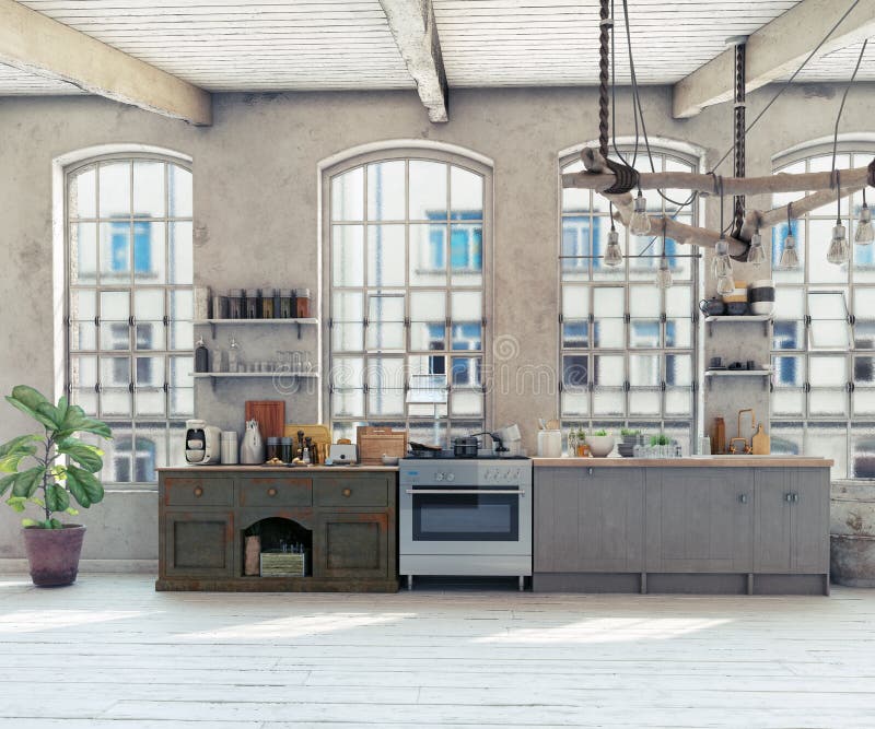 Attic loft kitchen interior. 3d rendering concept vector illustration