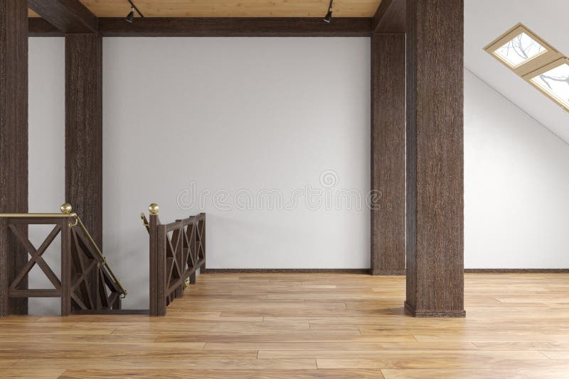 Attic loft open space empty interior with beams, windows, stairway, wooden floor. 3d render illustration mock up vector illustration