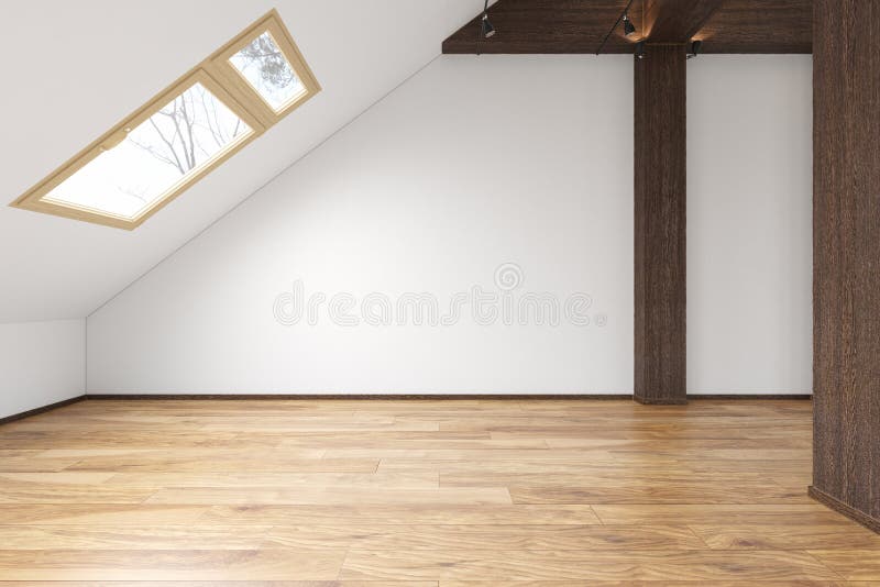 Attic loft open space empty interior with beams, windows, stairway, wooden floor. 3d render illustration mock up stock illustration
