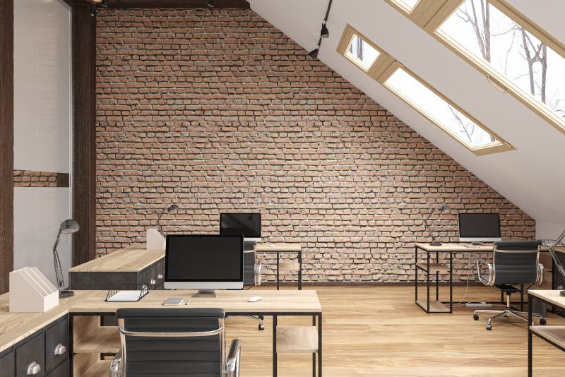 Attic office open space with beams, glass doors, brick wall, wooden floor, furniture and computers. 3d render illustration mock up vector illustration
