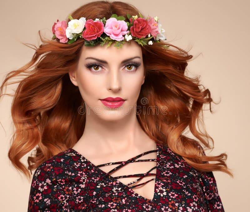 Beautiful Curly Redhead in Fashion Flower Wreath stock photos
