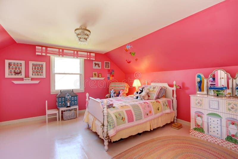 Beautiful girls room in bright pink color royalty free stock image