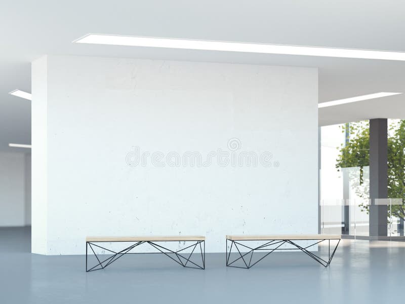 Blank wall in the modern office hall. 3d rendering. Blank wall in the modern office hall with two benches. 3d rendering stock images