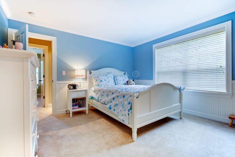 Blue girls kids bedroom interior. stock photo