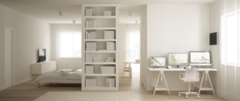 Blur background interior design, one room apartment with parquet floor, home workplace with desk in white living room, bookshelf, royalty free illustration