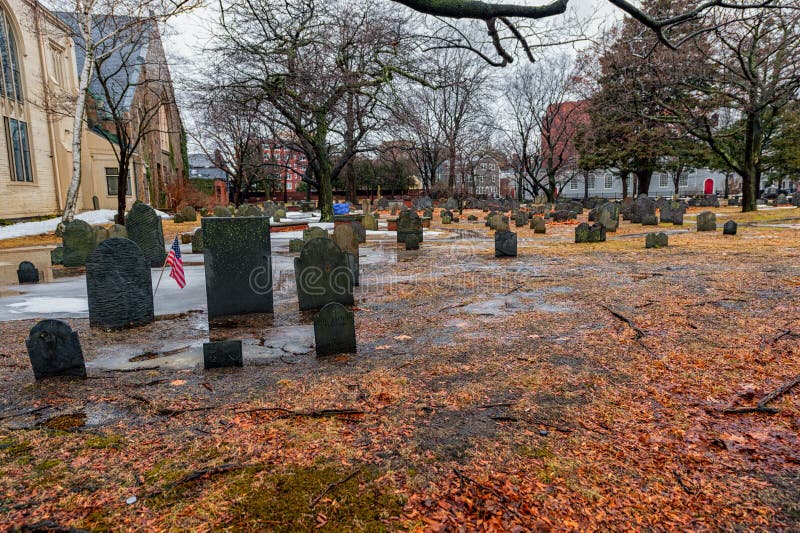 BOSTON, MASSACHUSETTS - JANUARY 06, 2014: Harvard Yard in Boston. Old Burial Ground. Harvard Yard in Boston. Old Burial Ground royalty free stock image