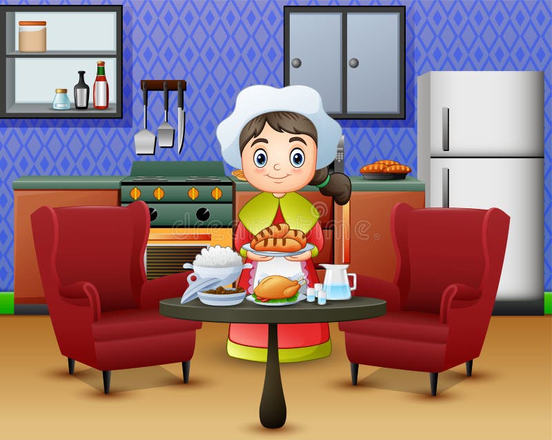 Cartoon cute little girl in chef`s hat holding a food stock illustration