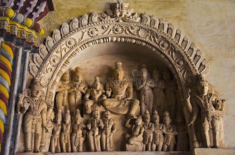 Carved idols on the inner wall of Durbar Hall of the Thanjavur Maratha palace, Thanjavur, Tamil Nadu, India. Carved idols on the inner wall of Durbar Hall of royalty free stock photos